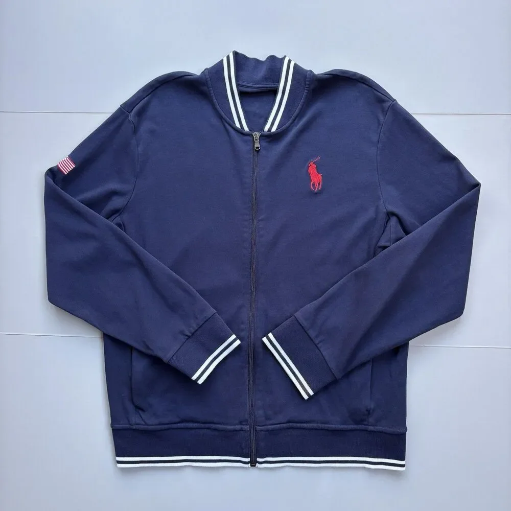 Polo Ralph Lauren Jacket Men Large Navy Track Full Zip USA Flag Pony Preppy